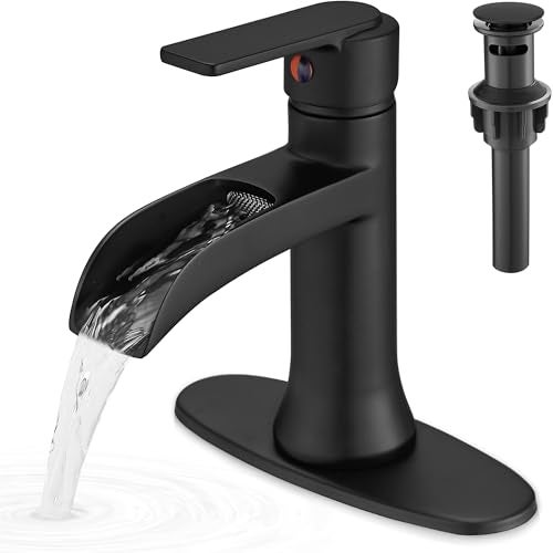 HOIGY Matte Black Waterfall Bathroom Faucets 1 Hole or 3 Hole 4 Inch Bathroom Sink Faucet with Drain Deck Plate 1 Handle for Vanity Restroom RV Modern Brass Material - Image 1