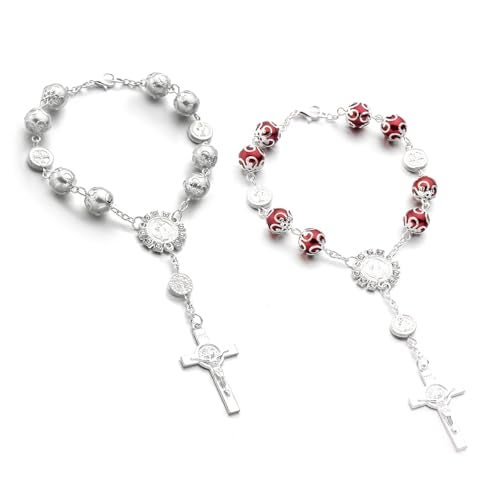 Ohleats Car Rosary for Rearview Mirror Personalized Rear View Cross Blessing Beads Decor Auto Rearview Catholic Rosary Hanging Pendant Car Interior Hanging Accessories SilverRed - Image 1