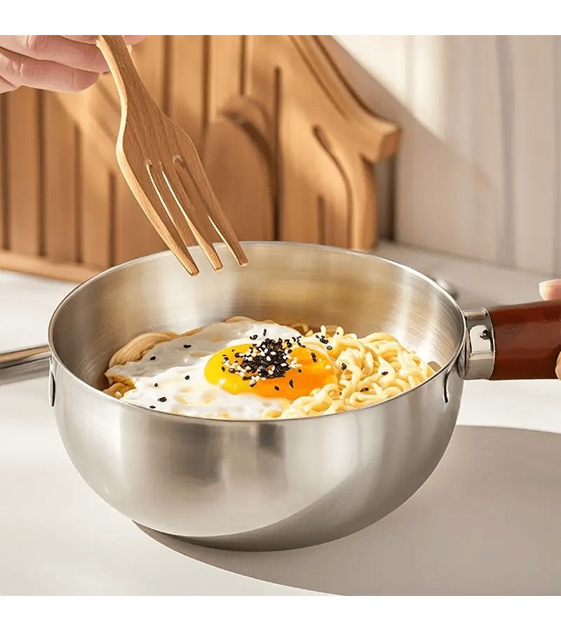 1pc 2pcs Stainless Steel Instant Food Pot With Heat Resistant Wooden Handle And Lid Induction Cooker Compatible Egg Pot For Boiling Milk Salad Bowl Dessert Bowl Snack Pot - Image 4