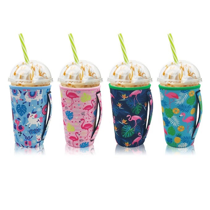 4PACK REUSABLE ICED COFFEE SLEEVE INSULATOR SLEEVES FOR COLD DRINKS BEVERAGES NEOPRENE CUP HOLDER WITH HANDLE FOR MOST COFFEE FITS 3032 OZ LARGE CUPS TIE DYE WITH HANDLE