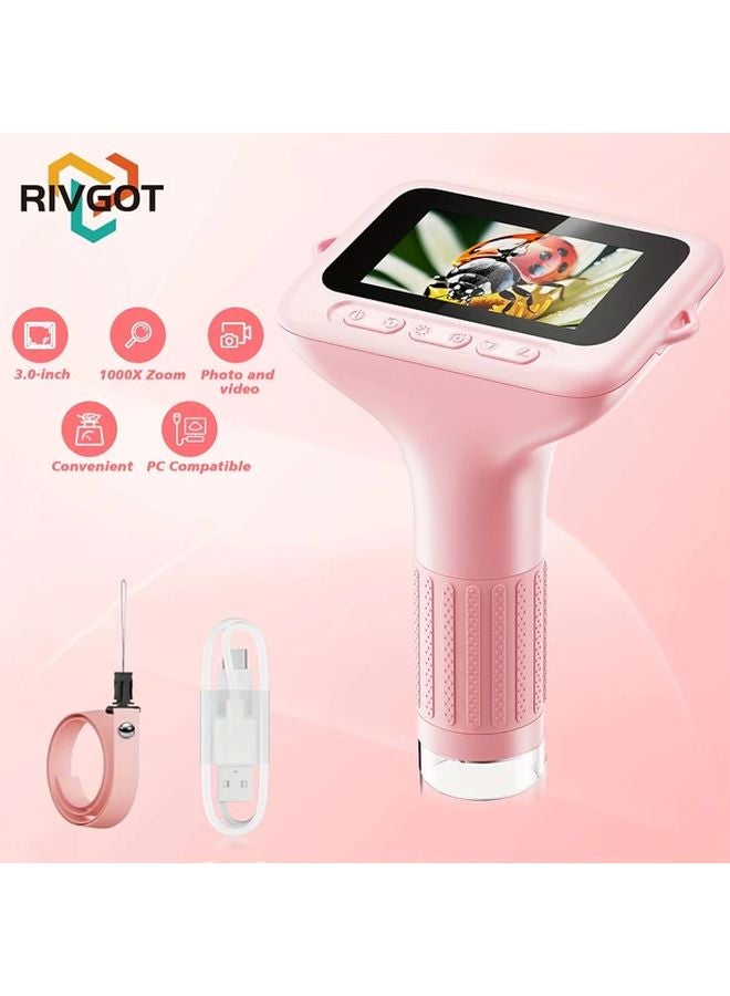 Pink Handheld Digital Microscope For Kids 1000x Magnification 3 Inch IPS HD Screen USB Powered Educational Science Toy - Image 1