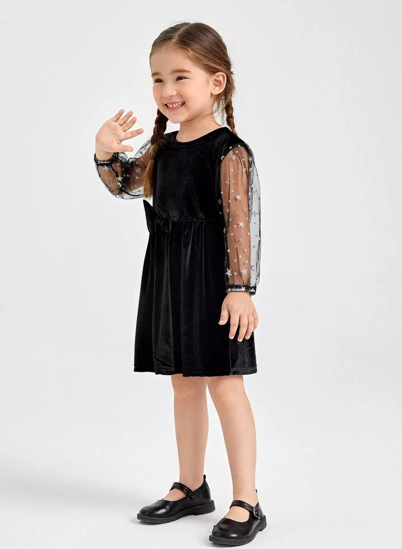 Toddler Girls Star Mesh Panel Velvet Dress  - Image 4