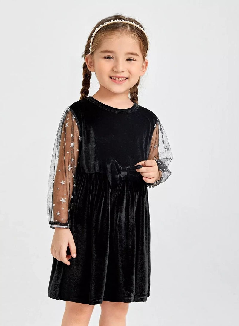 Toddler Girls Star Mesh Panel Velvet Dress  - Image 1