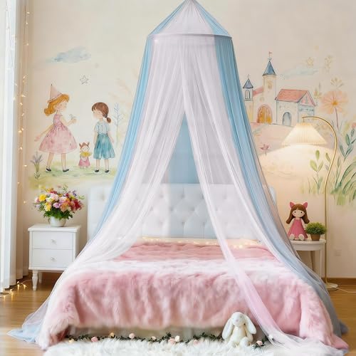 Eimilaly TwoTone Bed Canopy Mosquito Net Bed Canopy for Girls Room Decor Insect Protection Hanging Canopy for IndoorWhiteBlue - Image 1