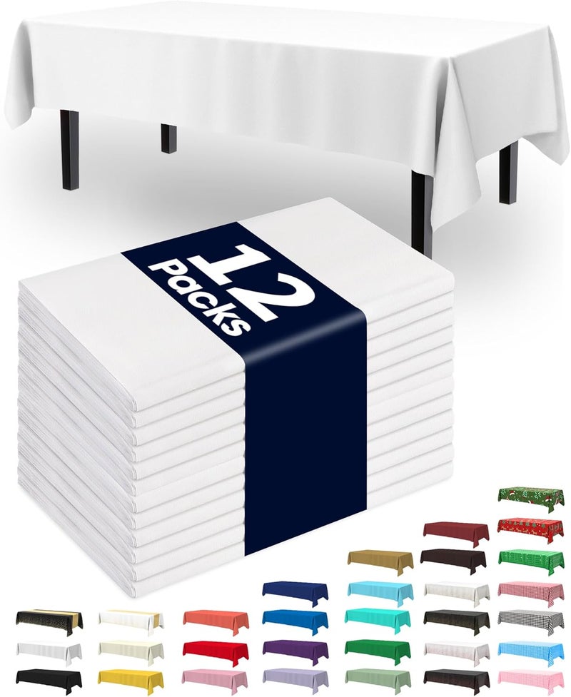 Disposable Plastic Table Cloths - 12 Pack, 54 x 108 Inch, White - Image 1