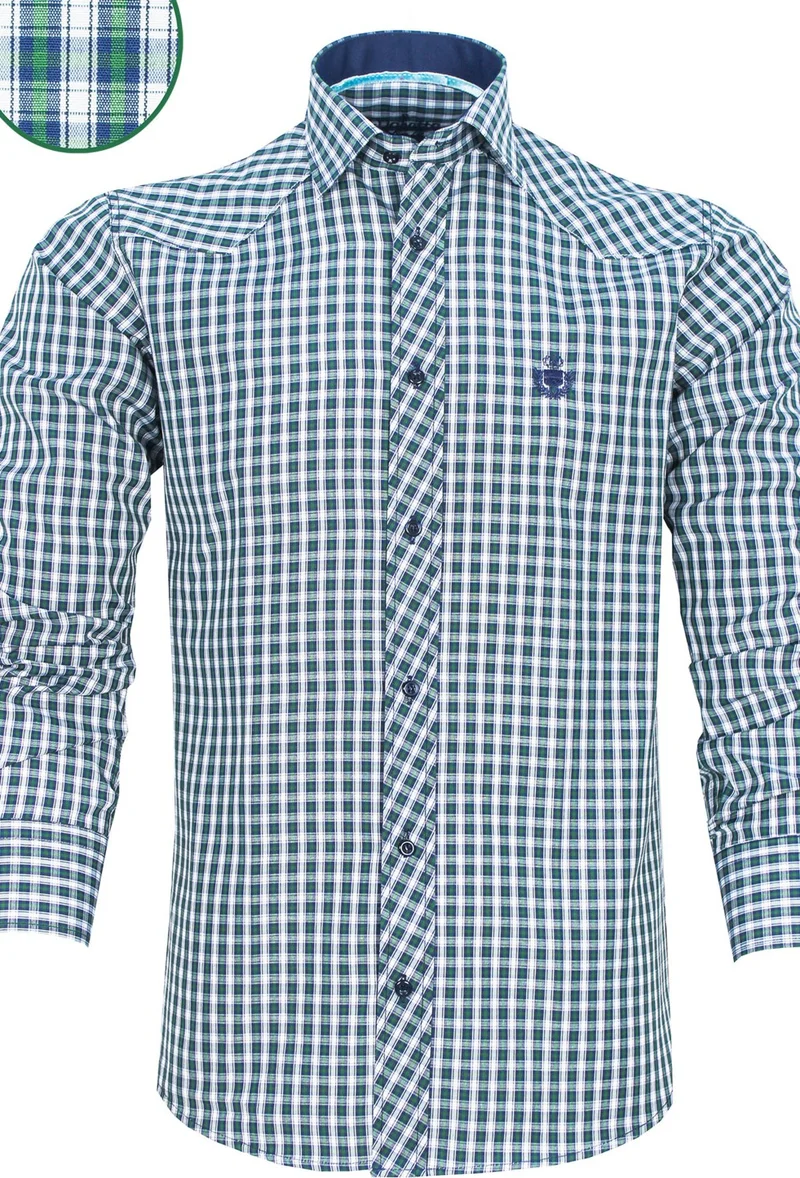 فاريتا Men's Navy Blue-Green Slim Fit Checkered Long Sleeve Shirt