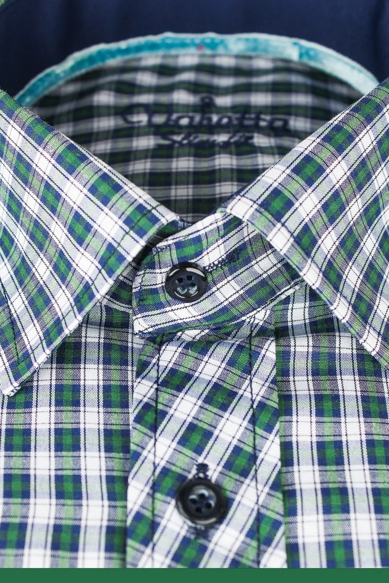 فاريتا Men's Navy Blue-Green Slim Fit Checkered Long Sleeve Shirt