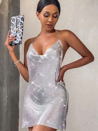 Falainetee Women's Metallic V Neck Backless Chain Cami Party Dress Silver M - Image 4