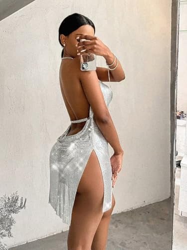 Falainetee Women's Metallic V Neck Backless Chain Cami Party Dress Silver M - Image 2