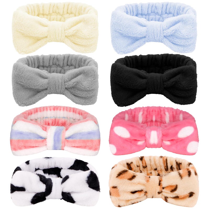 Ondder 8 Pack Spa Headbands for Face Washing  Fluffy Shower Cosmetic Face Wash Head Bands for Women  Girls  Leopard  Polka Dot Solid Color