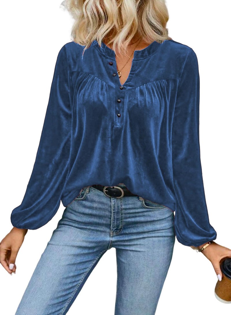 Mokayee Womens Long Sleeve V Neck Velvet Tops Light Blue Dressy Casual Chvity Elegant Holiday Party Christmas Shirts Blouses Fall Winter Fashion Trendy Clothes M - Image 2