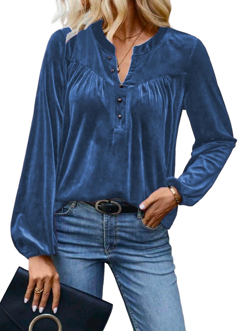 Mokayee Womens Long Sleeve V Neck Velvet Tops Light Blue Dressy Casual Chvity Elegant Holiday Party Christmas Shirts Blouses Fall Winter Fashion Trendy Clothes M - Image 1