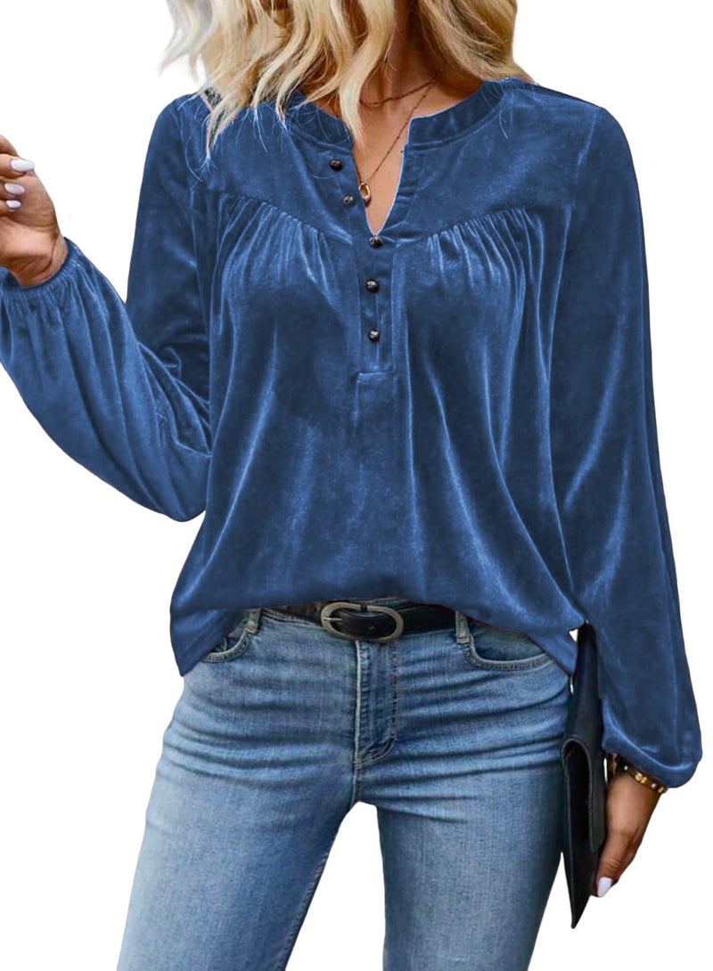 Mokayee Womens Long Sleeve V Neck Velvet Tops Light Blue Dressy Casual Chvity Elegant Holiday Party Christmas Shirts Blouses Fall Winter Fashion Trendy Clothes M - Image 3