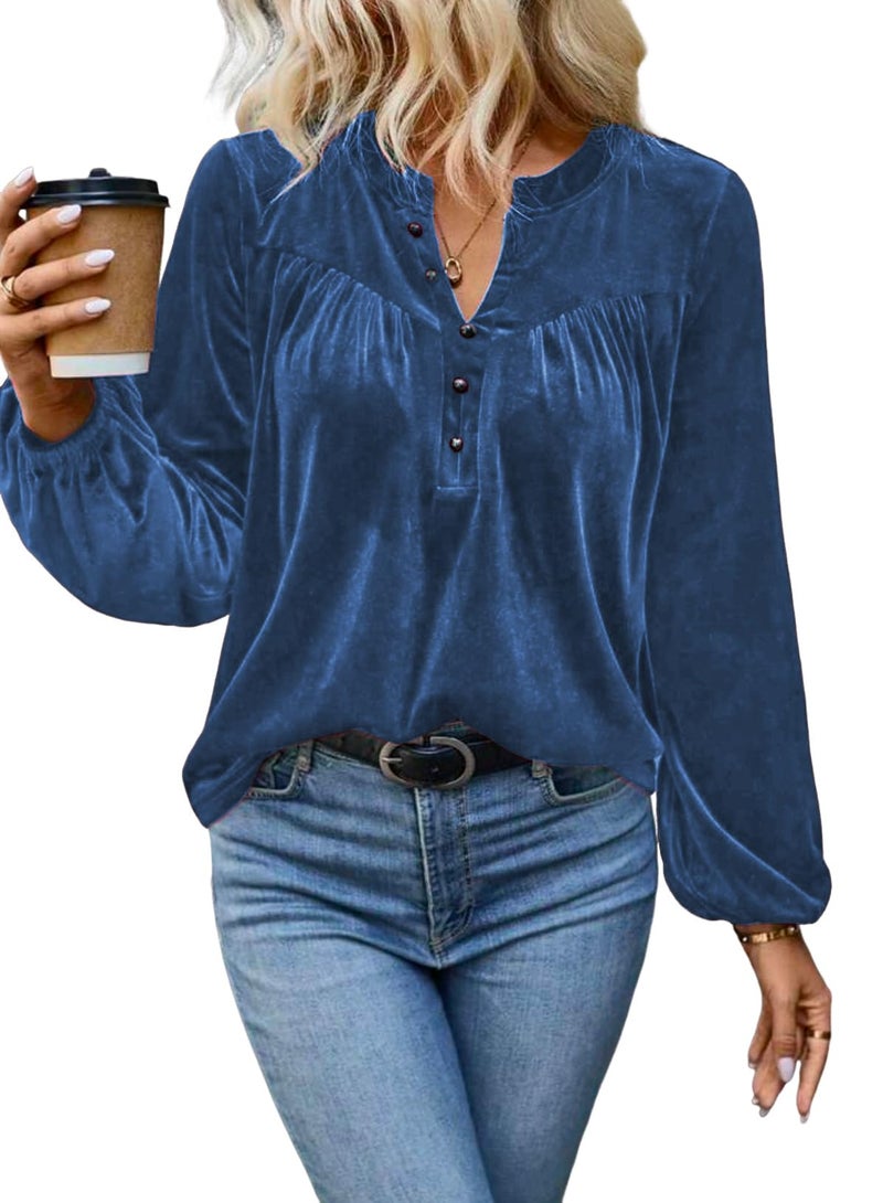 Mokayee Womens Long Sleeve V Neck Velvet Tops Light Blue Dressy Casual Chvity Elegant Holiday Party Christmas Shirts Blouses Fall Winter Fashion Trendy Clothes M - Image 5