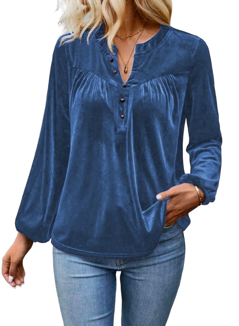 Mokayee Womens Long Sleeve V Neck Velvet Tops Light Blue Dressy Casual Chvity Elegant Holiday Party Christmas Shirts Blouses Fall Winter Fashion Trendy Clothes M - Image 4