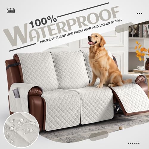 KinCam 100% Waterproof Recliner Sofa Covers, Non-Slip Reclining Couch Covers for 3 Seat, Recliner Couch Cover Furniture Protector with Elastic Straps for Pets, Kids, Beige White - Image 3