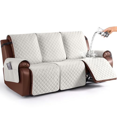 KinCam 100% Waterproof Recliner Sofa Covers, Non-Slip Reclining Couch Covers for 3 Seat, Recliner Couch Cover Furniture Protector with Elastic Straps for Pets, Kids, Beige White - Image 1
