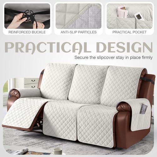 KinCam 100% Waterproof Recliner Sofa Covers, Non-Slip Reclining Couch Covers for 3 Seat, Recliner Couch Cover Furniture Protector with Elastic Straps for Pets, Kids, Beige White - Image 4