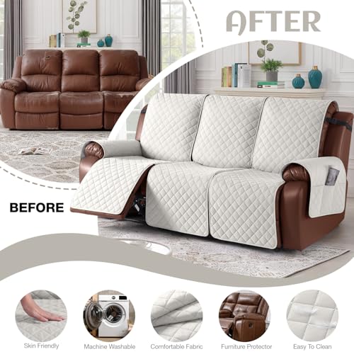 KinCam 100% Waterproof Recliner Sofa Covers, Non-Slip Reclining Couch Covers for 3 Seat, Recliner Couch Cover Furniture Protector with Elastic Straps for Pets, Kids, Beige White - Image 5