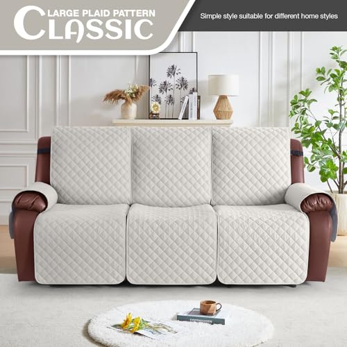 KinCam 100% Waterproof Recliner Sofa Covers, Non-Slip Reclining Couch Covers for 3 Seat, Recliner Couch Cover Furniture Protector with Elastic Straps for Pets, Kids, Beige White - Image 2