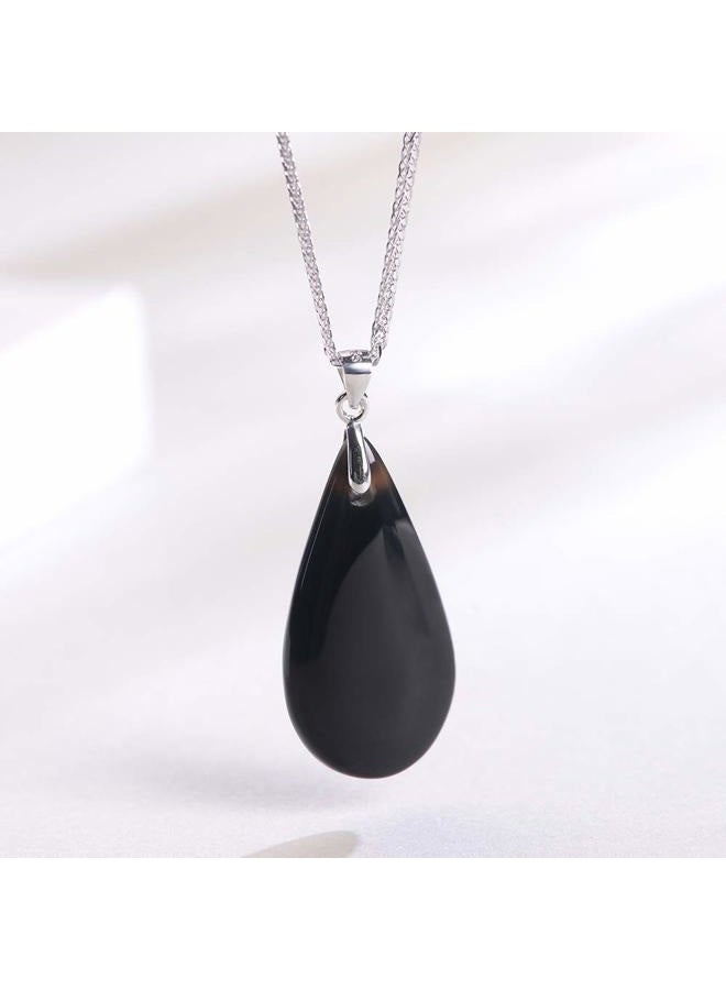 iSTONE 925 Sterling Silver Natural Crytral for Womens Pendant Necklace, Gemstone Birthstone with 17.8" Silver Chain Ladies, 17.8'', Gemstone, Black Agate Labradorite - Image 2