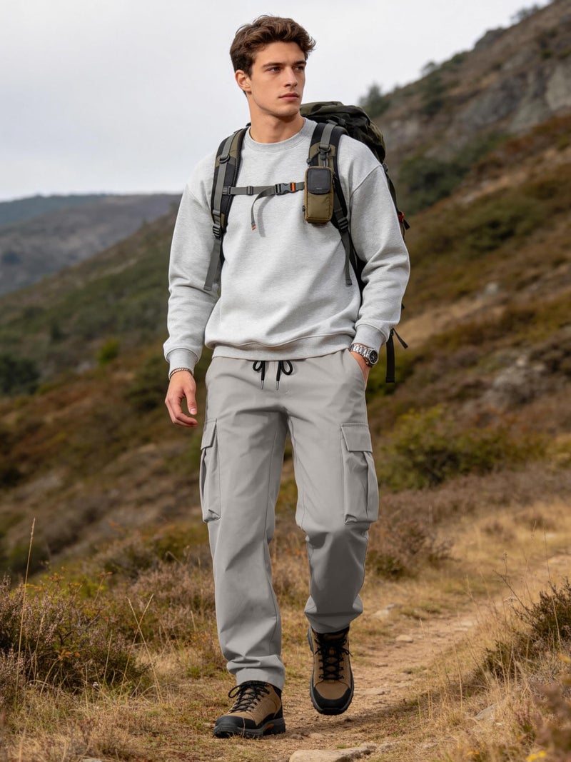 Comdecevis Men's Casual Cargo Pants Workout Joggers Stretch Sweatpants Hiking Drawstring Tactical Pants with Multi Pockets Grey - Image 3