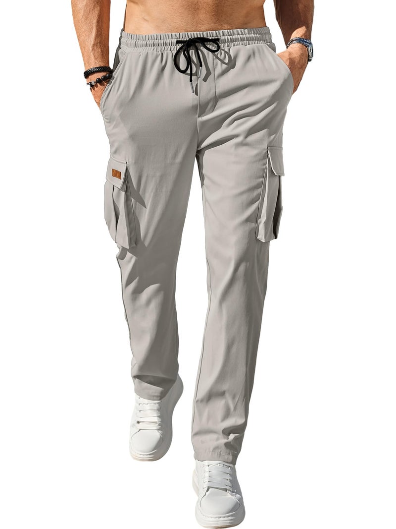 Comdecevis Men's Casual Cargo Pants Workout Joggers Stretch Sweatpants Hiking Drawstring Tactical Pants with Multi Pockets Grey - Image 2