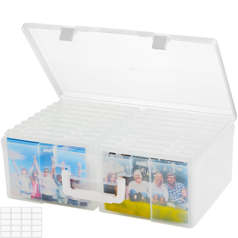 ALINK Photo Storage Box 5" x 7" with Handle, 18 Pcs Clear Photo Containers Organizer and Craft Keeper, Portable Picture Case with Label for Arts, Crafts, Sewing, Stickers, Office Supplies - Image 1