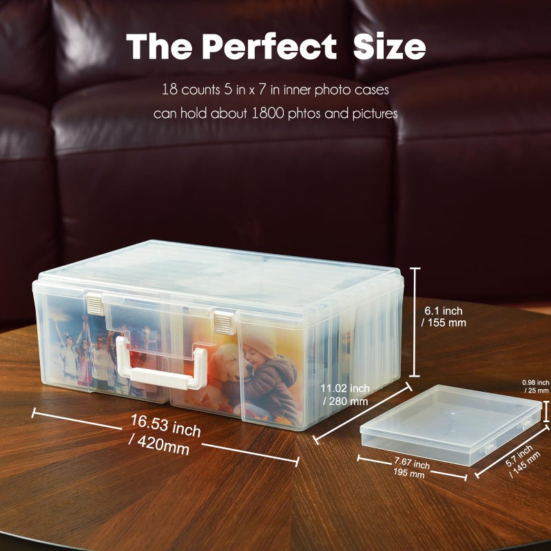 ALINK Photo Storage Box 5" x 7" with Handle, 18 Pcs Clear Photo Containers Organizer and Craft Keeper, Portable Picture Case with Label for Arts, Crafts, Sewing, Stickers, Office Supplies - Image 2