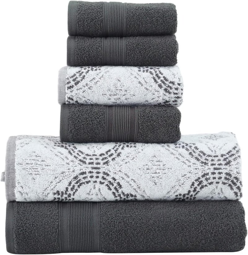Modern Threads طقم مناشف جاكار قابل للعكس مكون من 6 قطع - مناشف استحمام، مناشف يد، وقطع غسيل - فائقة الامتصاص وسريعة الجفاف - 100% قطن مصنّف، فحم - Image 1