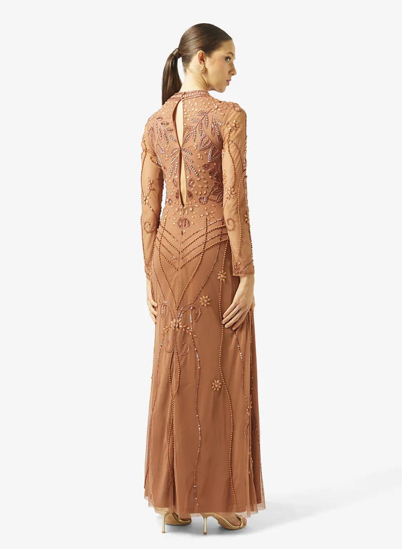 Amelia Rose Crew neck mesh detailed maxi dress
