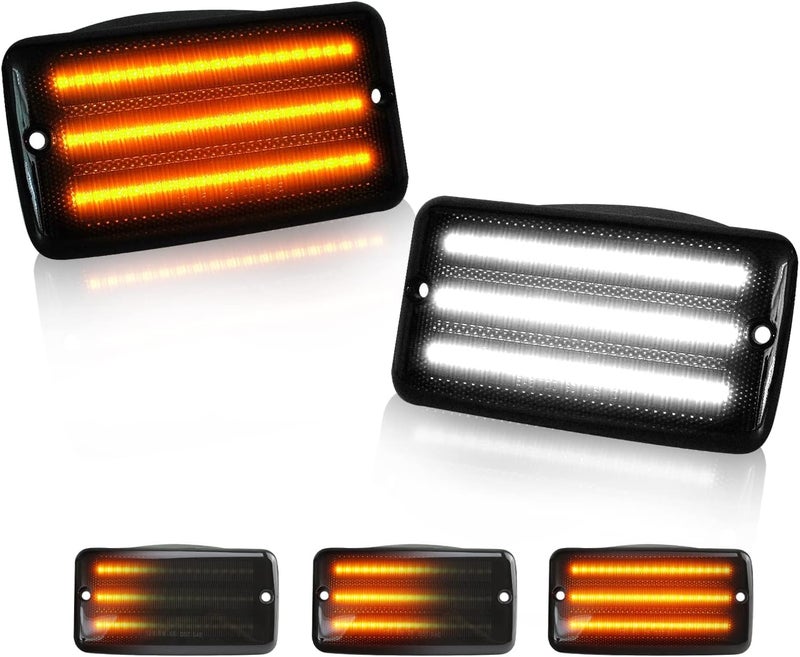 أفضل إشارة انعطاف أمامية LED متسلسلة لسيارة جيب رانجلر TJ 1997-2006 مجموعة مصابيح جانبية مع عدسة مدخنة DRL بيضاء-برتقالية حزمة من 2