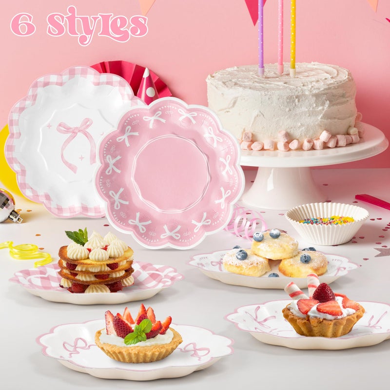 73Hours Pink Bow Paper Plates - 60Pcs 7 Inch Disposable Flower Plates Platters for Serving Food, Bow Decorative Dinner Tableware for Birthday Bachelorette Wedding Party Supplies Decorations - Image 5