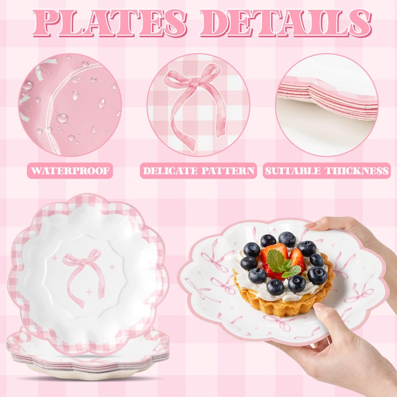 73Hours Pink Bow Paper Plates - 60Pcs 7 Inch Disposable Flower Plates Platters for Serving Food, Bow Decorative Dinner Tableware for Birthday Bachelorette Wedding Party Supplies Decorations - Image 4