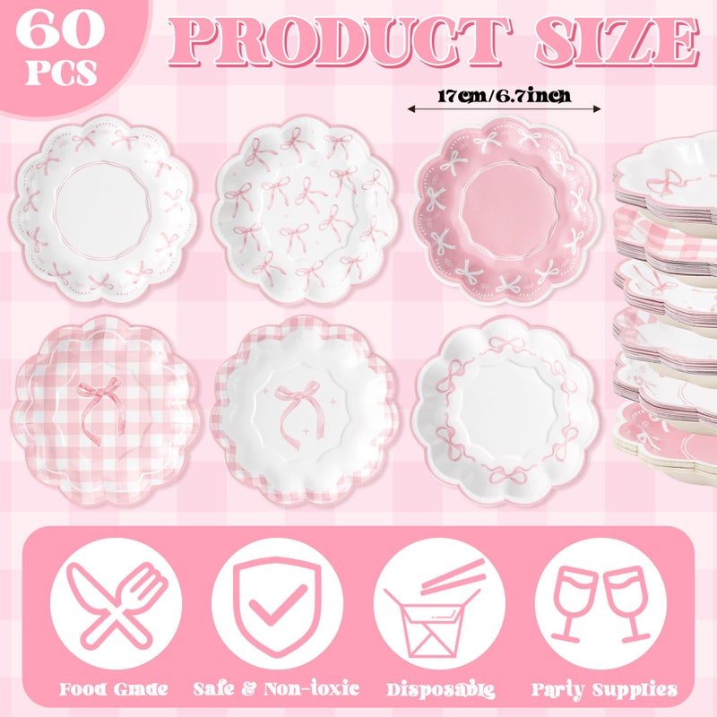 73Hours Pink Bow Paper Plates - 60Pcs 7 Inch Disposable Flower Plates Platters for Serving Food, Bow Decorative Dinner Tableware for Birthday Bachelorette Wedding Party Supplies Decorations - Image 3