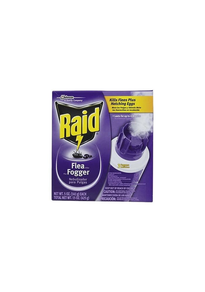 Raid Flea Killer Plus Fogger, 5 oz, 3-Pack, Kills Fleas and Hatching Eggs on Carpet and Upholstery, Up to 4 Months Control, Insect Growth Regulator, Treats a Room to 24 x 20 ft with 8 Ceiling - Image 1