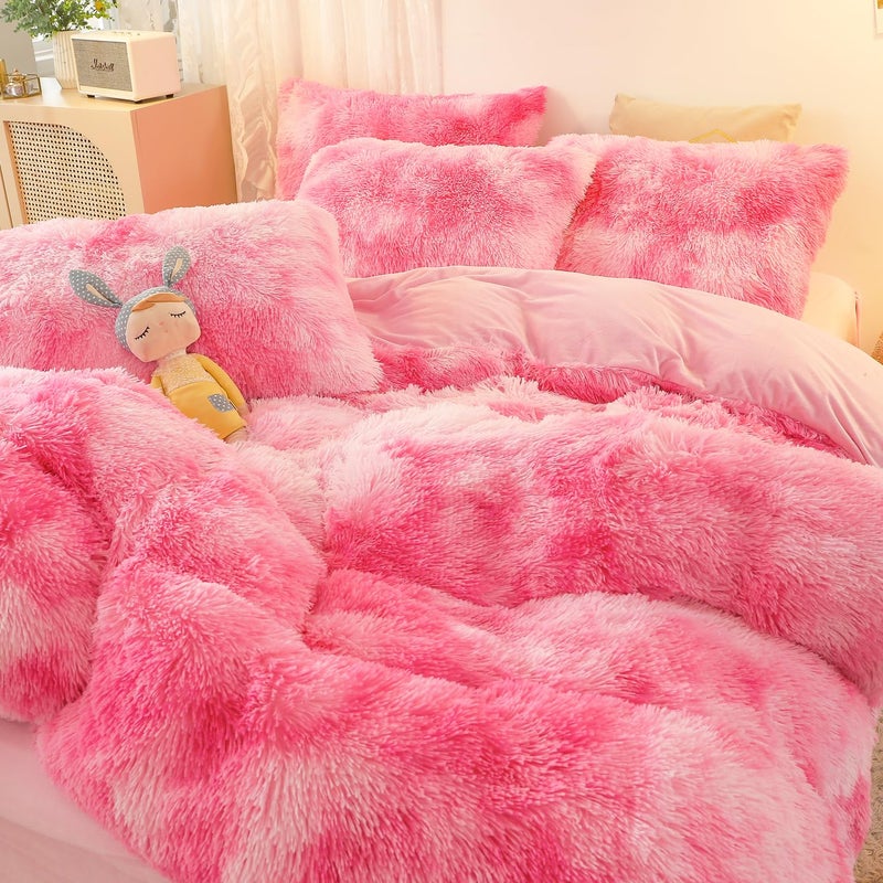 SUCSES Pink Fluffy Duvet Cover Set Twin Size Plush Shaggy Faux Fur Bedding Set for Girls Kids Teens Colorful Tie Dye Rainbow Furry Pink Comforter Cover Set Hot Pink Twin