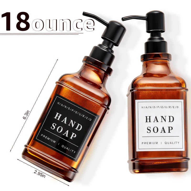 KSITEX Dish and Hand Soap Dispenser for Kitchen, Amber Glass Soap Dispenser with Pump,Tray,Funnel, Set of 2 Countertop Soap and Lotion Dispenser for Bathroom,Shower,500ml/16.9oz,with 36 Stickers - Image 4