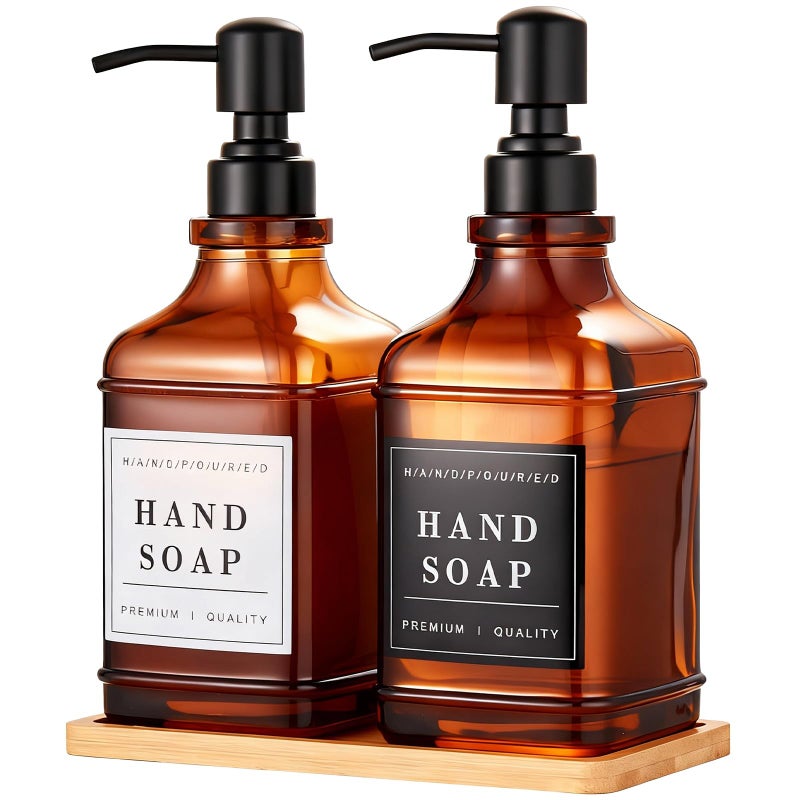 KSITEX Dish and Hand Soap Dispenser for Kitchen, Amber Glass Soap Dispenser with Pump,Tray,Funnel, Set of 2 Countertop Soap and Lotion Dispenser for Bathroom,Shower,500ml/16.9oz,with 36 Stickers - Image 1