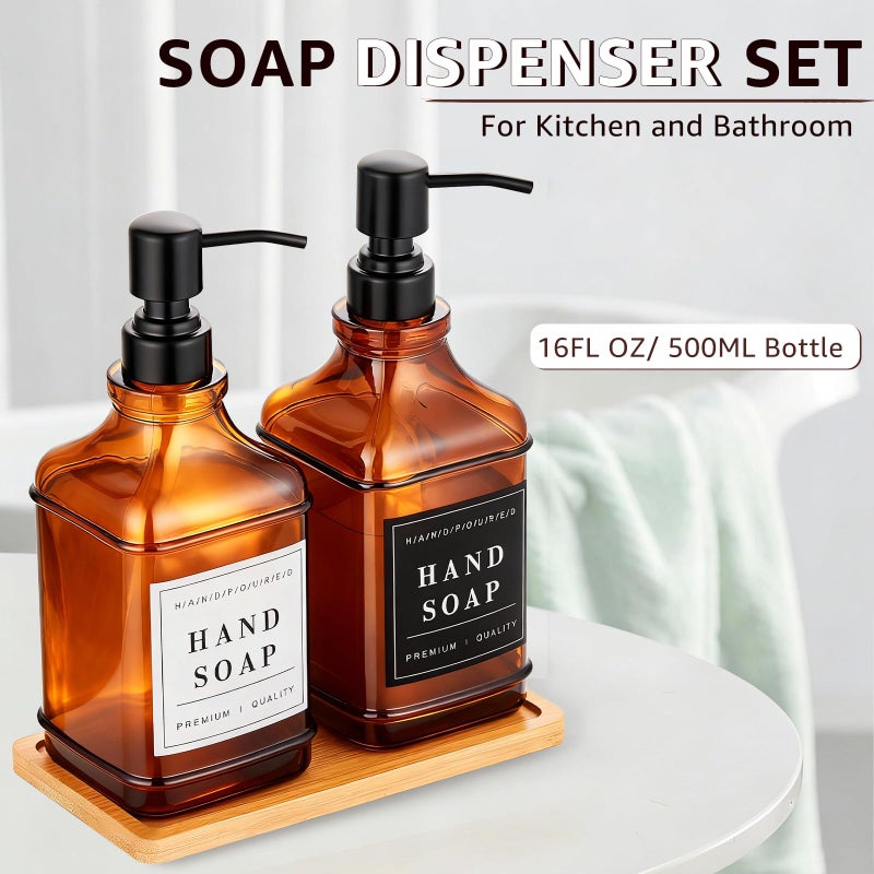 KSITEX Dish and Hand Soap Dispenser for Kitchen, Amber Glass Soap Dispenser with Pump,Tray,Funnel, Set of 2 Countertop Soap and Lotion Dispenser for Bathroom,Shower,500ml/16.9oz,with 36 Stickers - Image 2