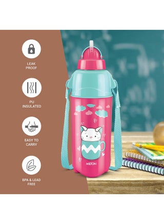 Milton 500ml (Half Litre) Plastic Water Bottle with Straw for Kids – PU Insulated to Keep Drinks Hot or Cold for Hours, Leakproof, Sipper Bottle for School, Travel & Picnic,  Kool Trendy 500, Pink - view 2