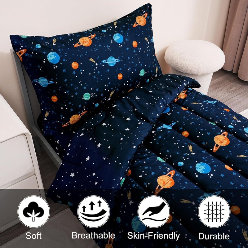 PHF 4 Piece Toddler Children Bedding Set, Ultra Soft Toddler Comforter Sets Include Comforter (107cm x 145cm), Fitted Sheet (71cm x 132cm) with 20cm deep pocket, Flat Top Sheet (115cm x 152cm) and Pillowcase (50cm x 66cm) for Boys, Navy Space Bed in A Bag for Baby Bedroom, Navy Space - Image 4