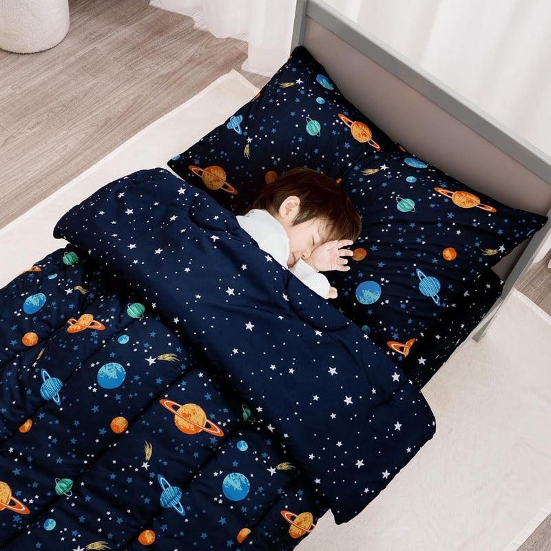 PHF 4 Piece Toddler Children Bedding Set, Ultra Soft Toddler Comforter Sets Include Comforter (107cm x 145cm), Fitted Sheet (71cm x 132cm) with 20cm deep pocket, Flat Top Sheet (115cm x 152cm) and Pillowcase (50cm x 66cm) for Boys, Navy Space Bed in A Bag for Baby Bedroom, Navy Space - Image 2