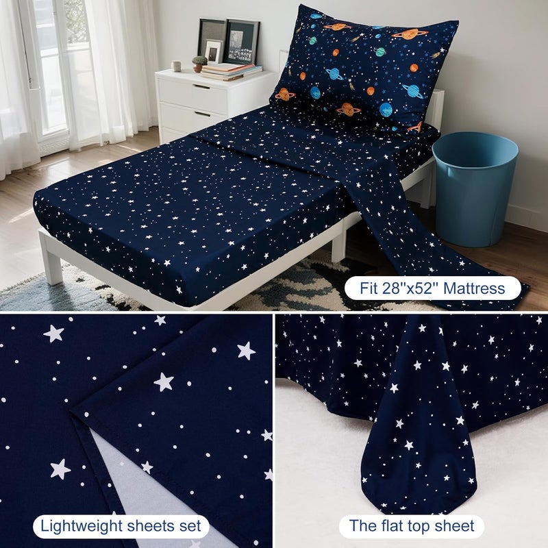 PHF 4 Piece Toddler Children Bedding Set, Ultra Soft Toddler Comforter Sets Include Comforter (107cm x 145cm), Fitted Sheet (71cm x 132cm) with 20cm deep pocket, Flat Top Sheet (115cm x 152cm) and Pillowcase (50cm x 66cm) for Boys, Navy Space Bed in A Bag for Baby Bedroom, Navy Space - Image 5