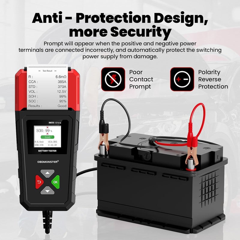 OBDMONSTER Car Battery Tester with Printer, BM550U Car Battery Tester 6V 12V 24V Load Tester,100-2000CCA Battery Load Tester for Cars Trucks SUV Motorcycle - Image 5
