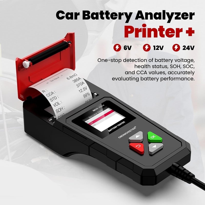 OBDMONSTER Car Battery Tester with Printer, BM550U Car Battery Tester 6V 12V 24V Load Tester,100-2000CCA Battery Load Tester for Cars Trucks SUV Motorcycle - Image 4