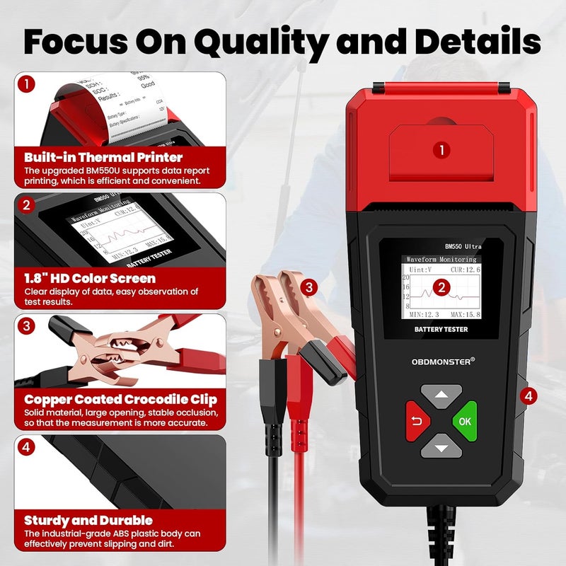 OBDMONSTER Car Battery Tester with Printer, BM550U Car Battery Tester 6V 12V 24V Load Tester,100-2000CCA Battery Load Tester for Cars Trucks SUV Motorcycle - Image 3