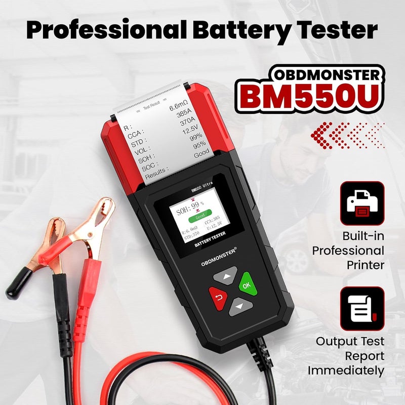 OBDMONSTER Car Battery Tester with Printer, BM550U Car Battery Tester 6V 12V 24V Load Tester,100-2000CCA Battery Load Tester for Cars Trucks SUV Motorcycle - Image 2
