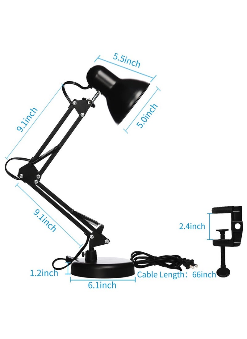Swing Arm Clamp Lamp, Black Telescopic Desk Lamp, Metal Finish Desk Lamp, Swivel Arm Reading Lamp, LED Bulb Included, Interchangeable Base Clamps