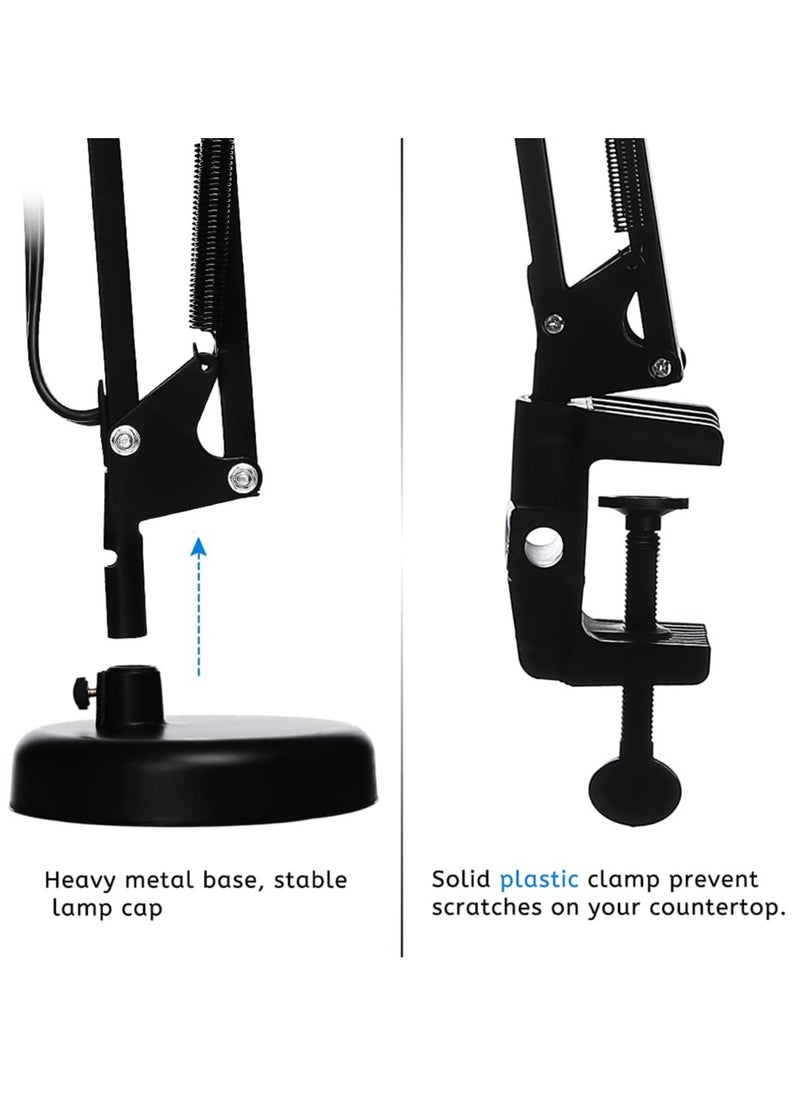 Swing Arm Clamp Lamp, Black Telescopic Desk Lamp, Metal Finish Desk Lamp, Swivel Arm Reading Lamp, LED Bulb Included, Interchangeable Base Clamps